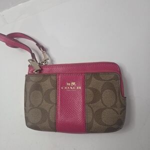 Coach Coated Canvas Signature C Tan Pink Double Zip Wristlet Wallet